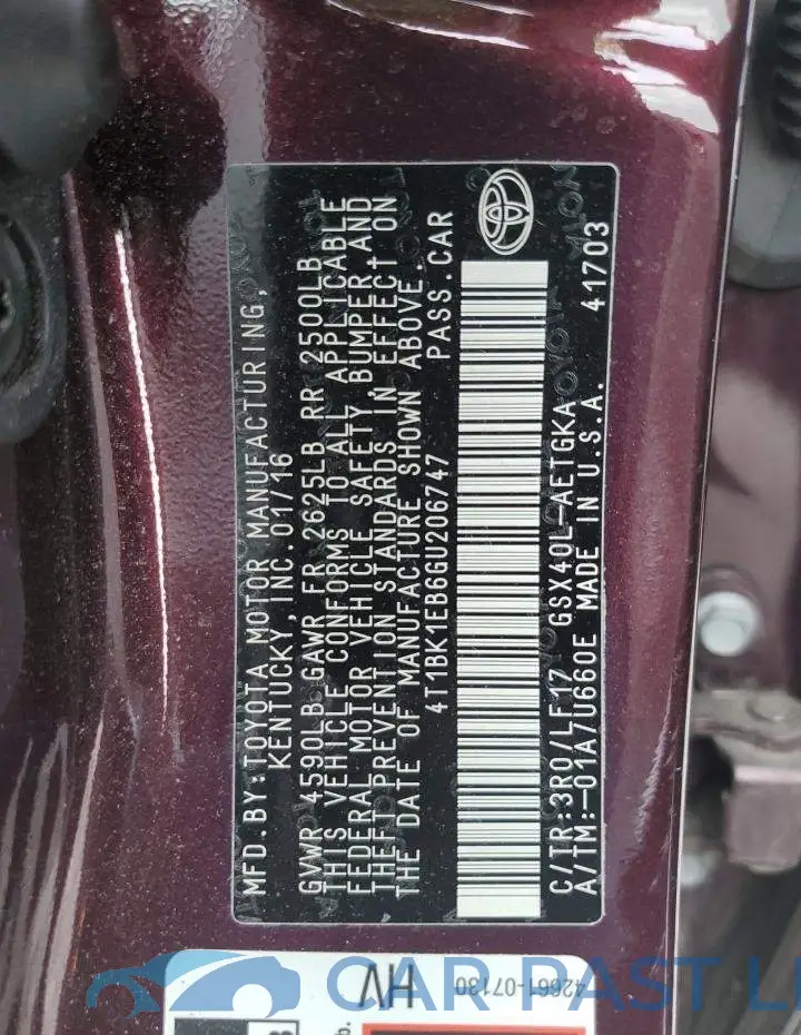 4T1BK1EB6GU206747# 12