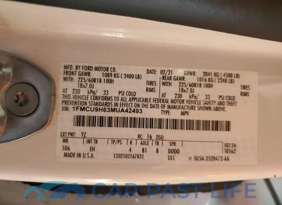 1FMCU9H63MUA42493# 12