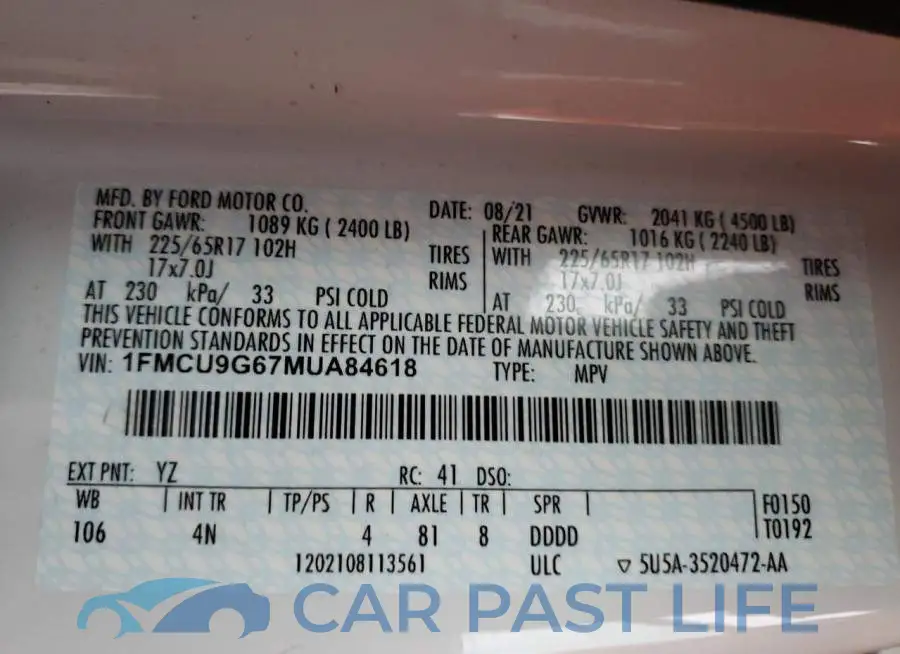 1FMCU9G67MUA84618# 14