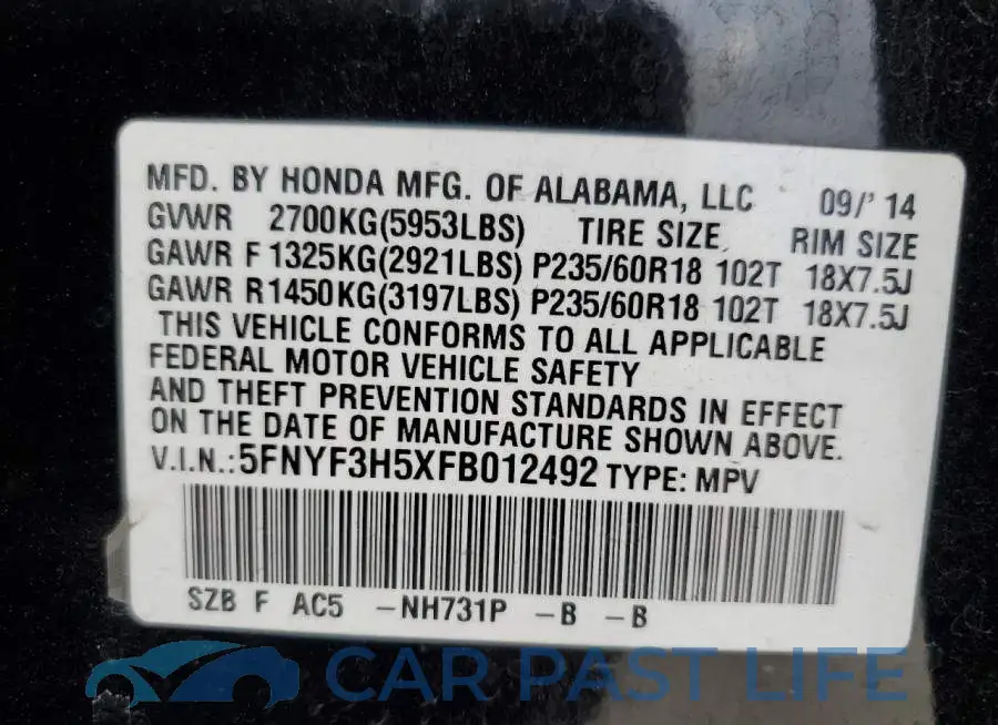 5FNYF3H5XFB012492# 12
