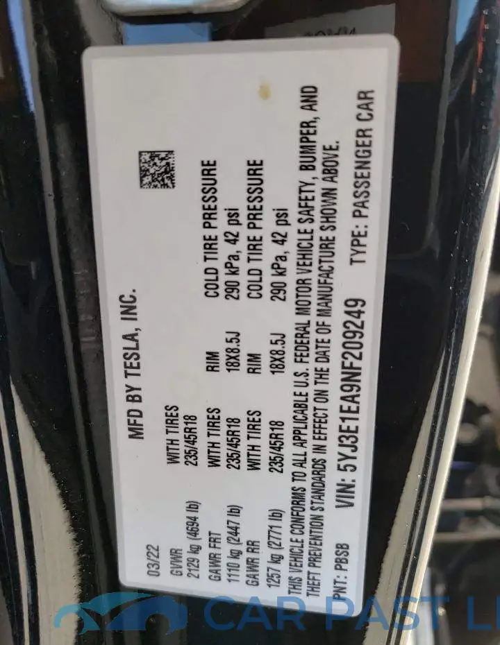5YJ3E1EA9NF209249# 12