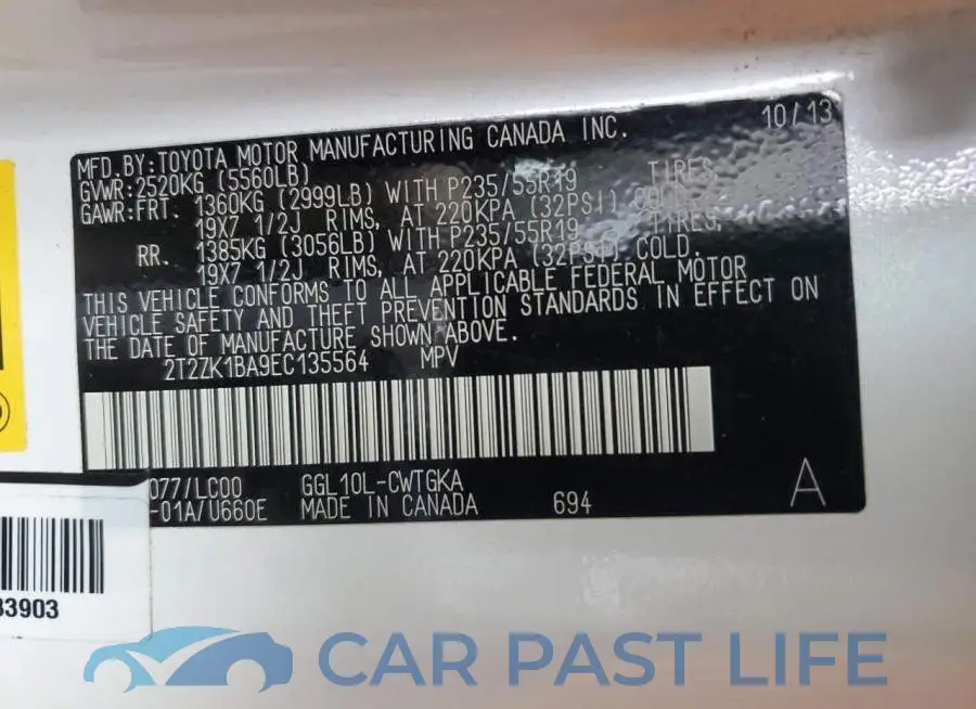2T2ZK1BA9EC135564# 13