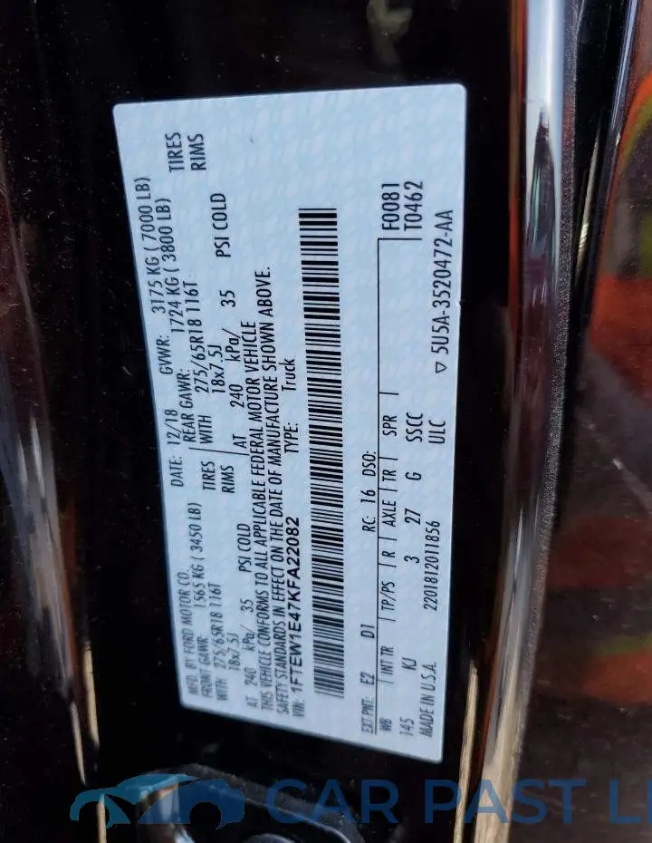 1FTEW1E47KFA22082# 12