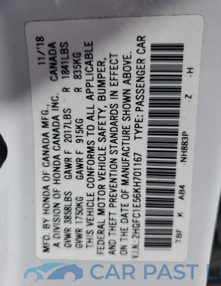 2HGFC1E56KH701167# 12