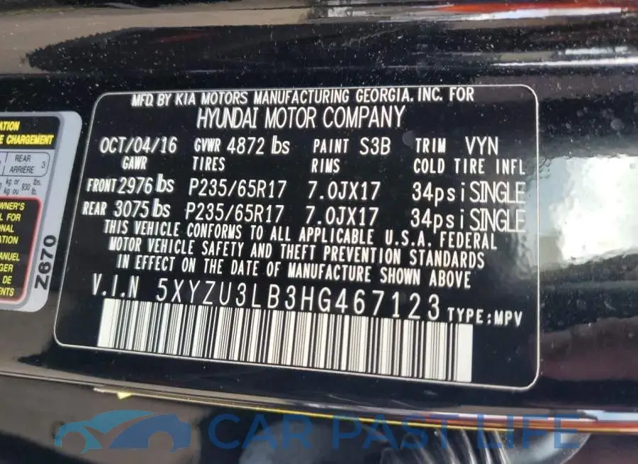 5XYZU3LB3HG467123# 12