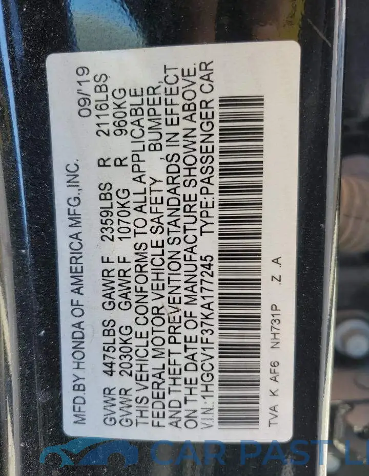 1HGCV1F37KA177245# 12