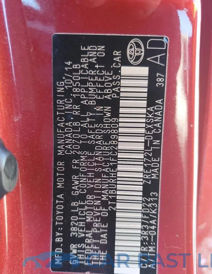 2T1BURHE1FC289809# 12