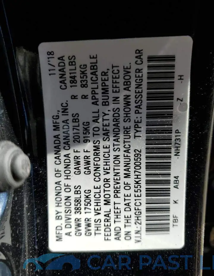 2HGFC1E55KH700592# 12