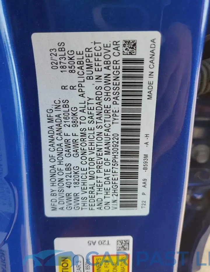 2HGFE1F75PH309220# 12
