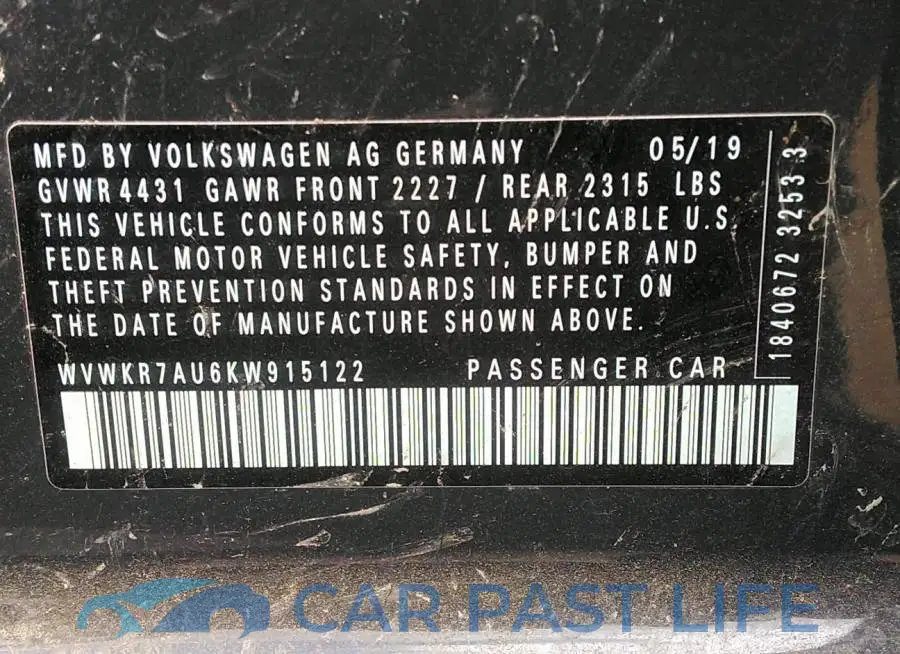 WVWKR7AU6KW915122# 9