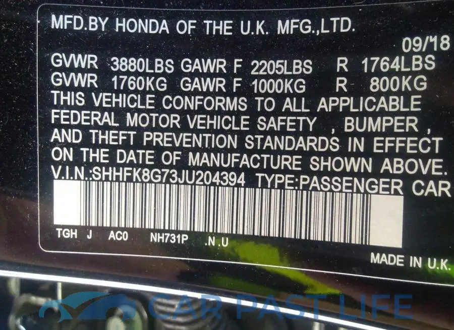 SHHFK8G73JU204394# 9