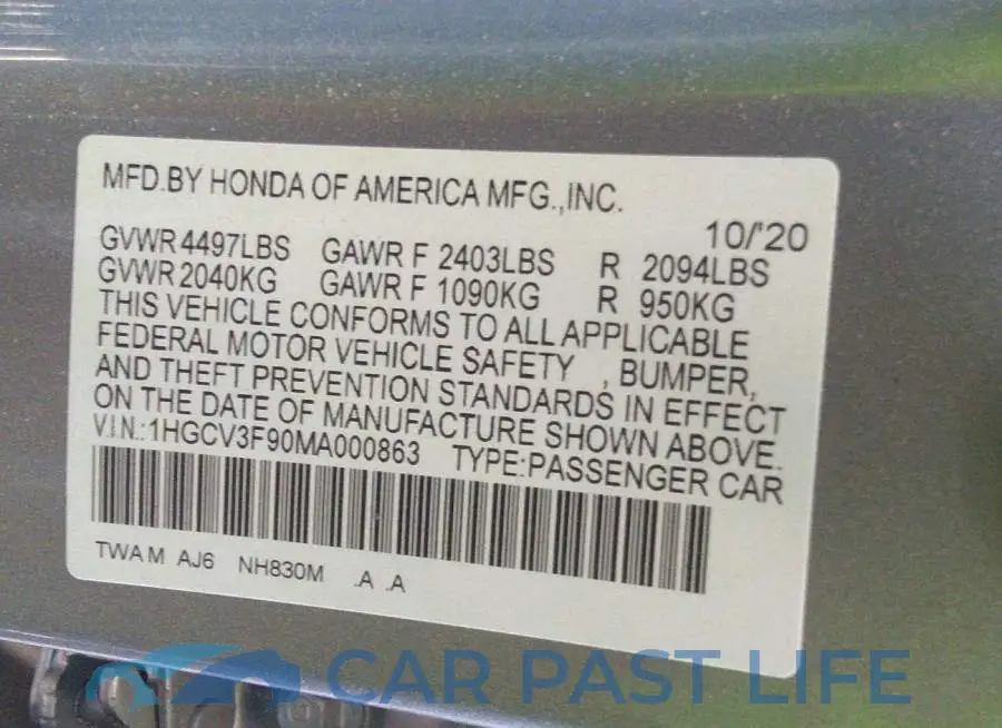 1HGCV3F90MA000863# 9
