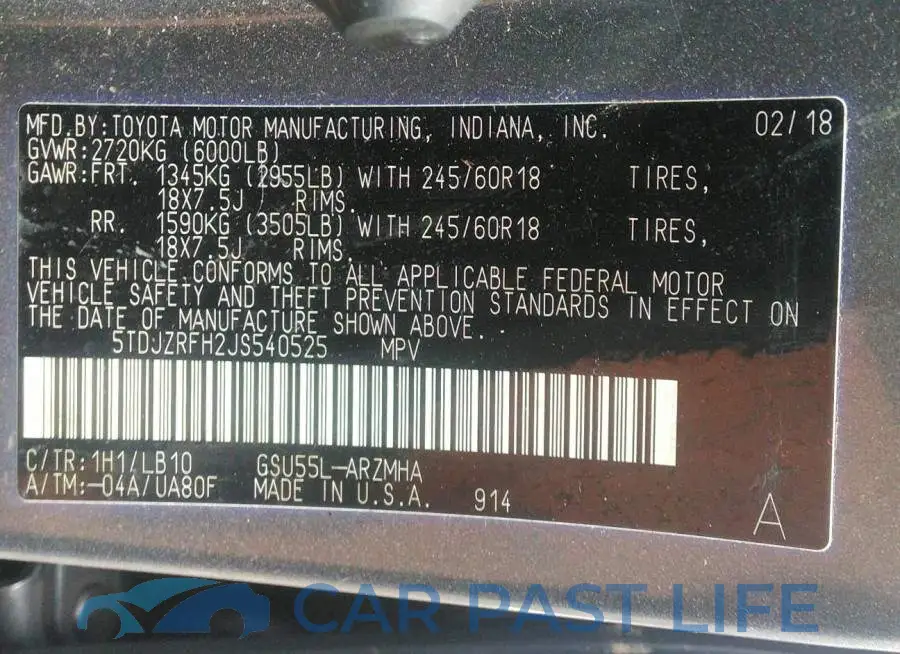 5TDJZRFH2JS540525# 9