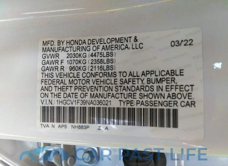 1HGCV1F39NA036021# 9