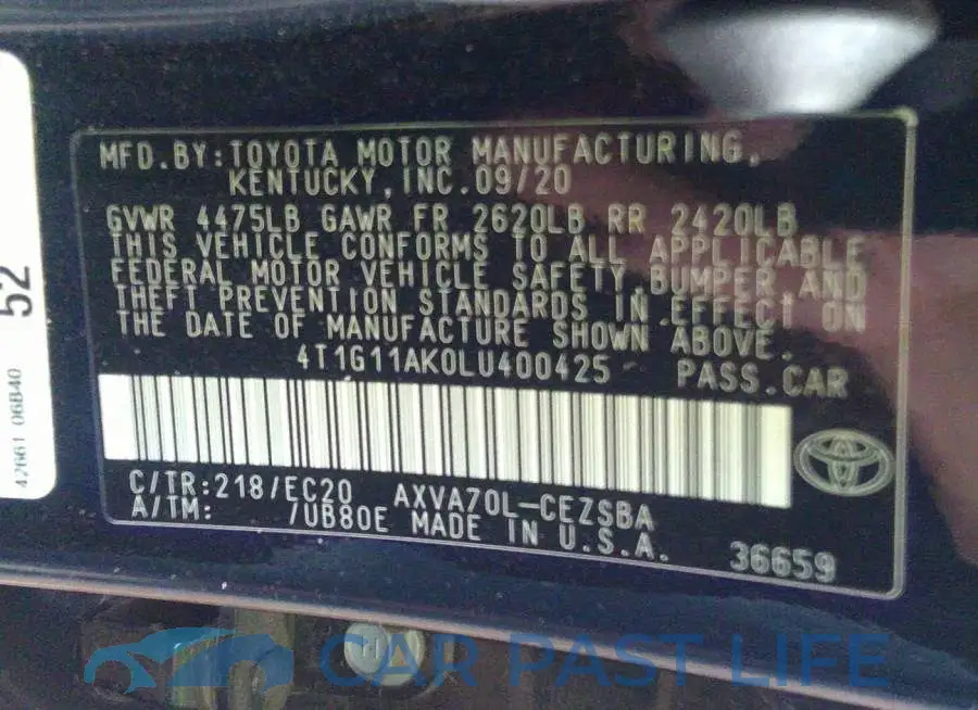 4T1G11AK0LU400425# 9