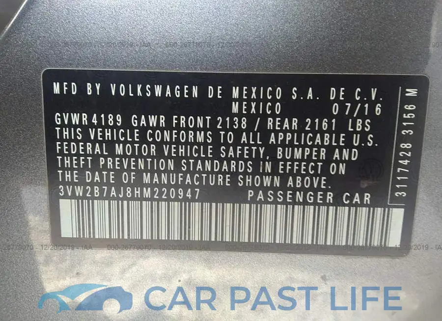 3VW2B7AJ8HM220947# 9