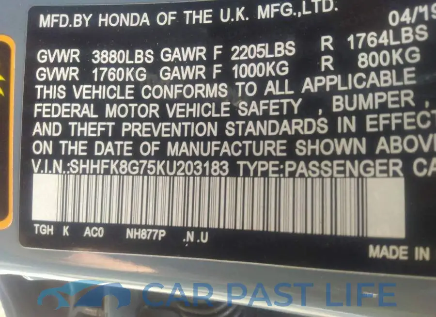 SHHFK8G75KU203183# 9