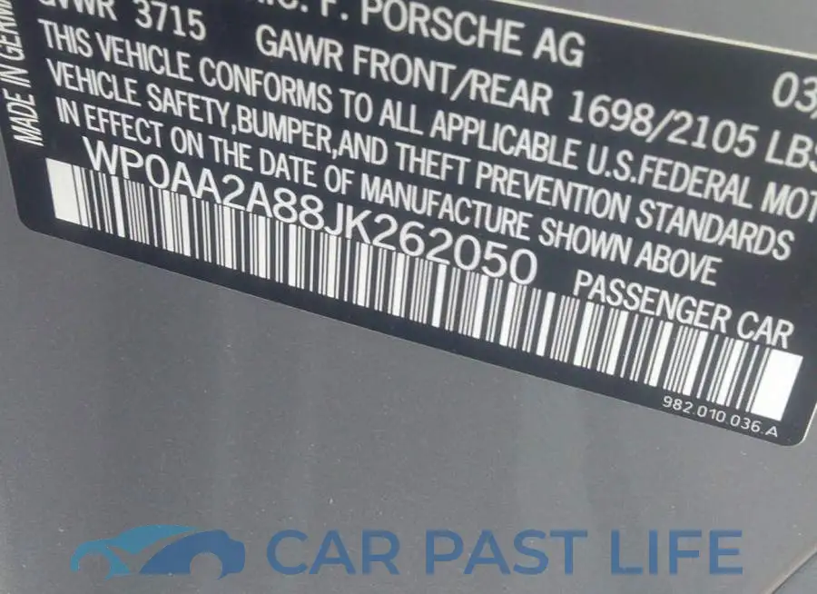 WP0AA2A88JK262050# 9