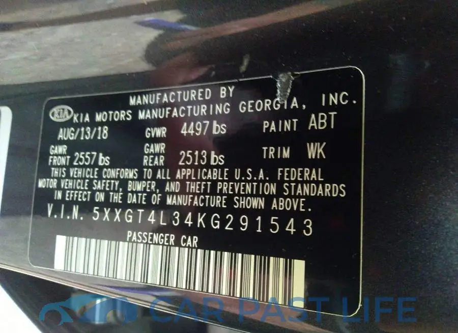 5XXGT4L34KG291543# 9