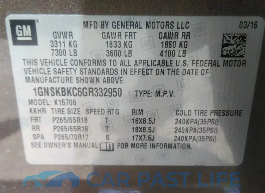 1GNSKBKC6GR332950# 9
