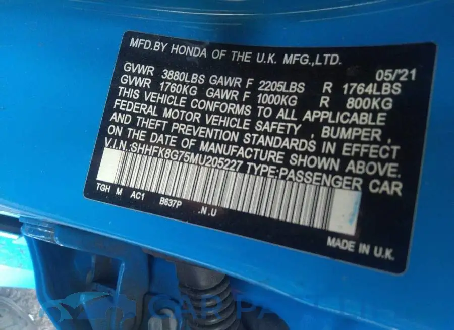 SHHFK8G75MU205227# 9