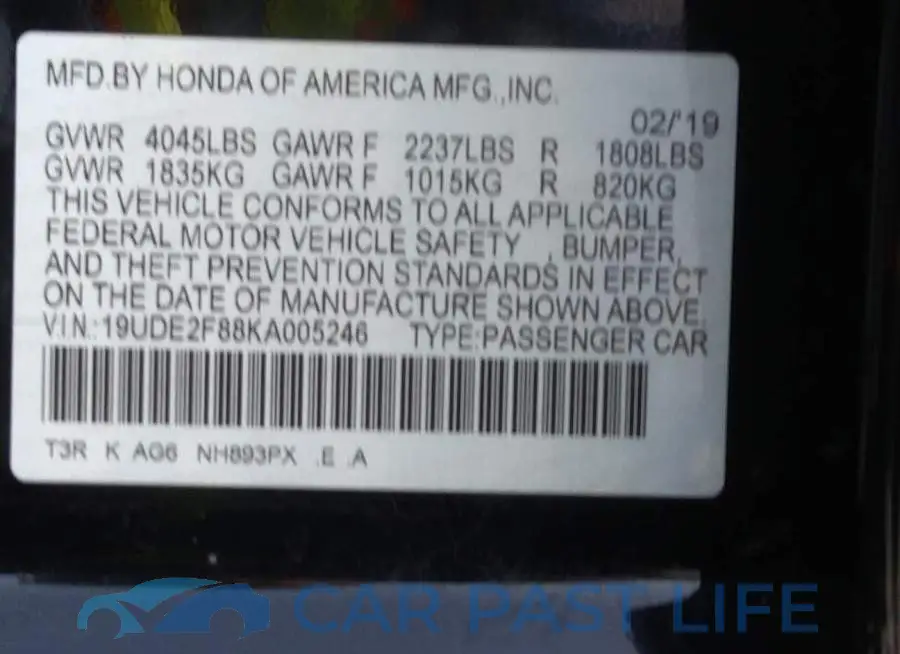 19UDE2F88KA005246# 9