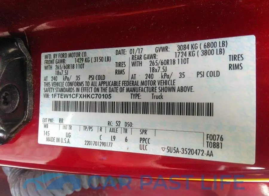 1FTEW1CFXHKC70105# 9