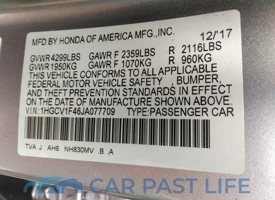 1HGCV1F46JA077709# 9