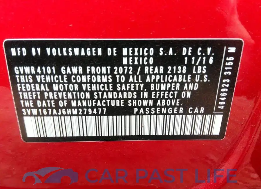 3VW167AJ6HM279477# 9