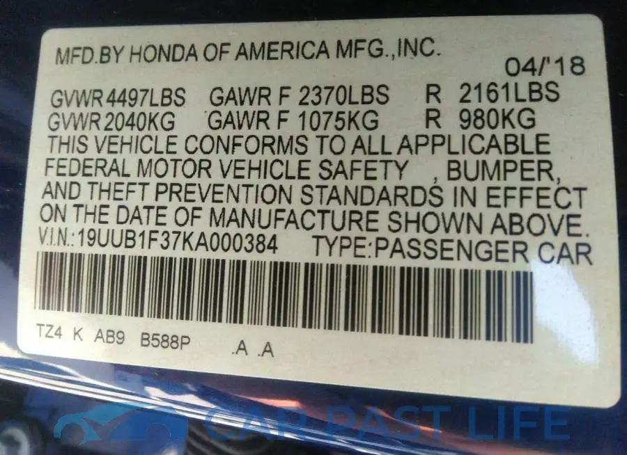 19UUB1F37KA000384# 9