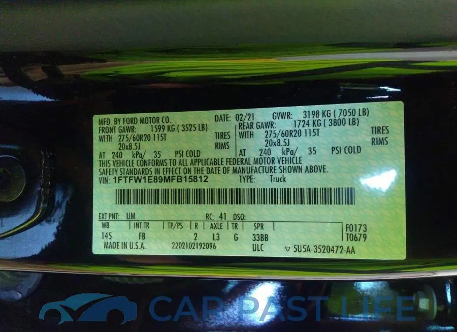 1FTFW1E89MFB15812# 9