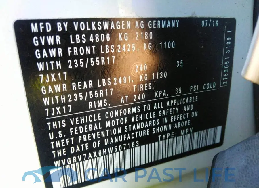 WVGRV7AX6HW507163# 9