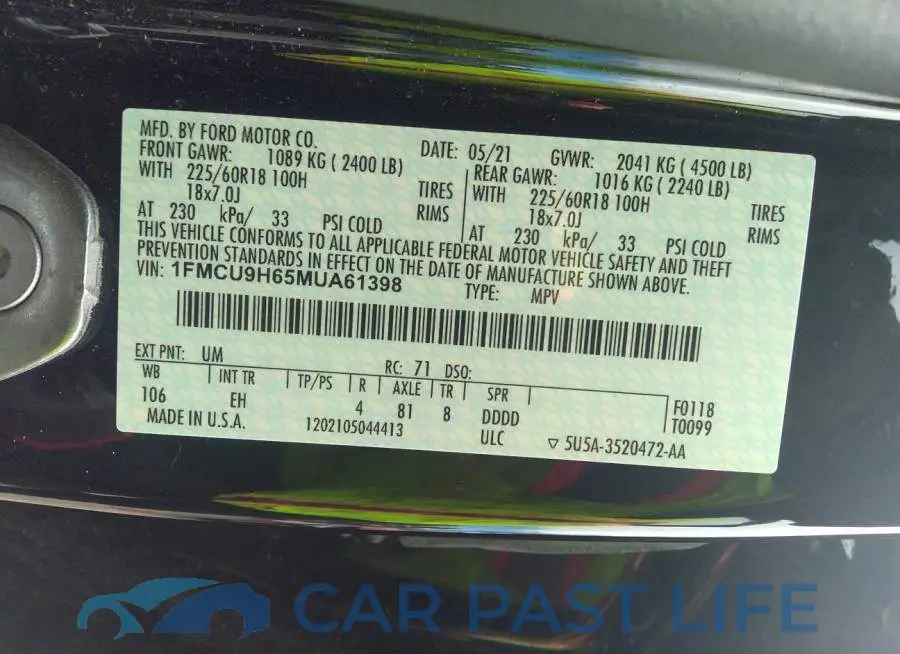 1FMCU9H65MUA61398# 9