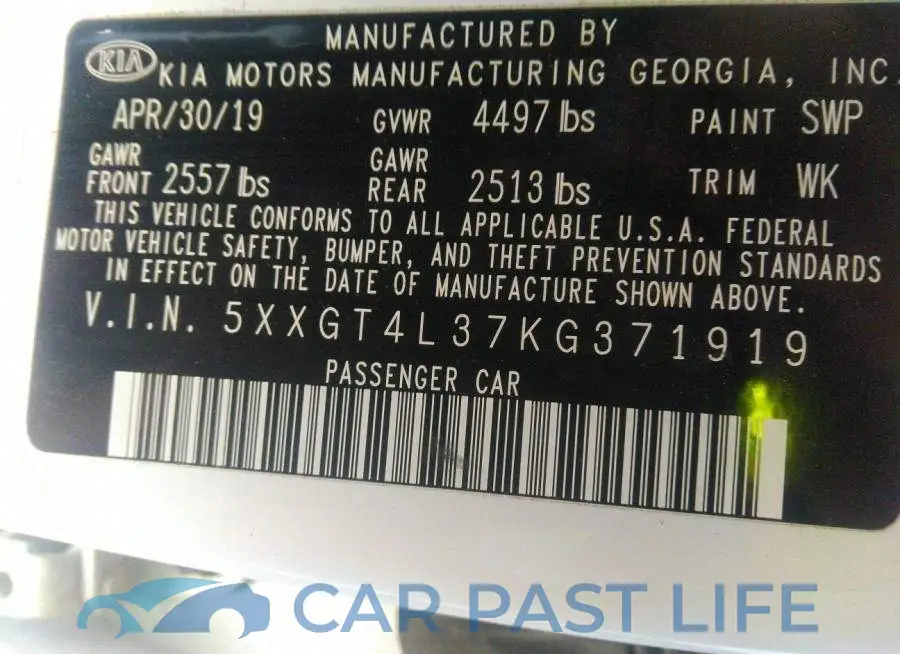 5XXGT4L37KG371919# 9