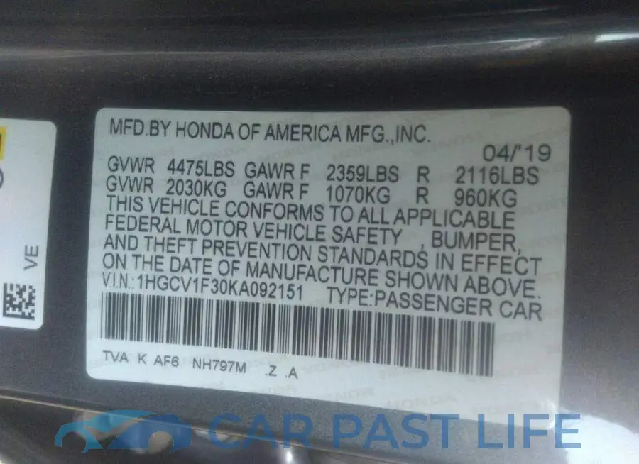1HGCV1F30KA092151# 9