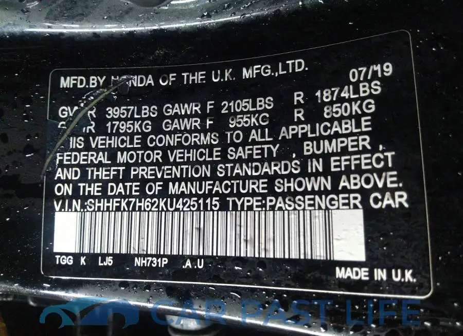 SHHFK7H62KU425115# 9