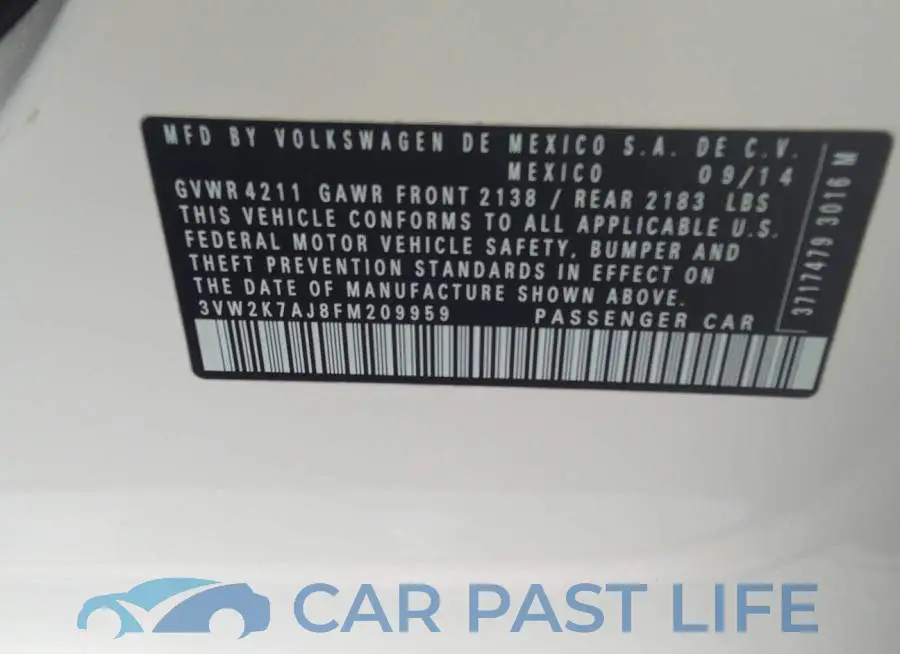 3VW2K7AJ8FM209959# 9