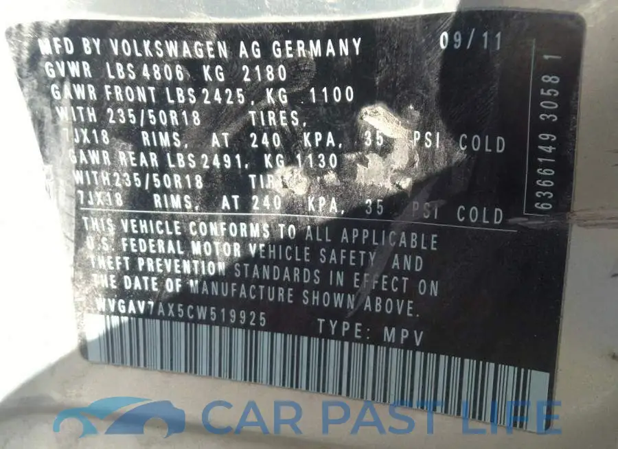 WVGAV7AX5CW519925# 9
