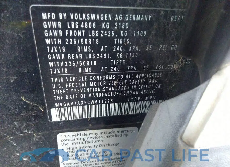 WVGAV7AX5CW611228# 9
