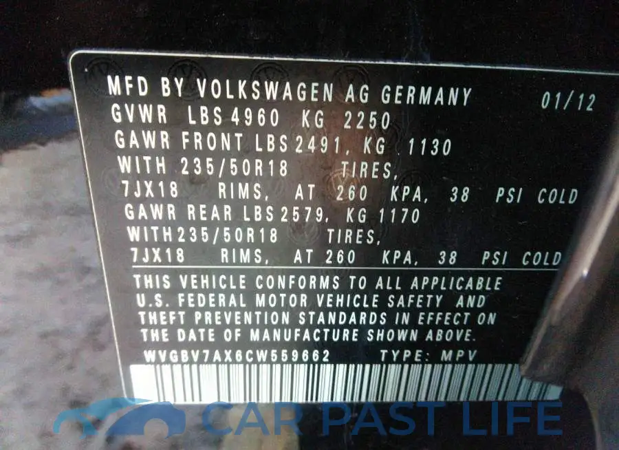 WVGBV7AX6CW559662# 9