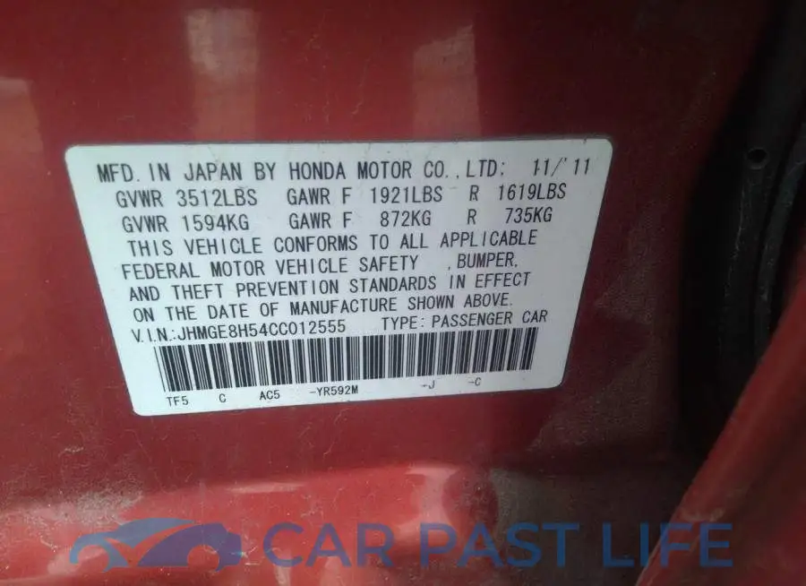 JHMGE8H54CC012555# 9