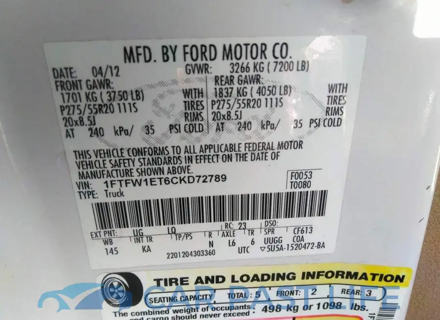 1FTFW1ET6CKD72789# 9