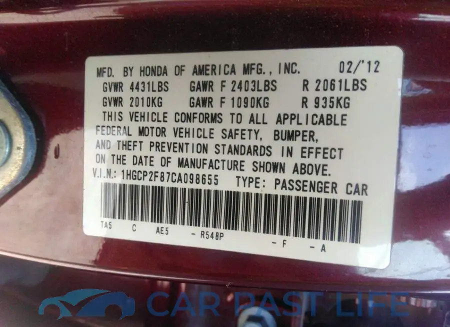 1HGCP2F87CA098655# 9