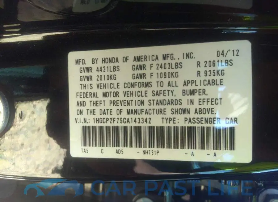 1HGCP2F75CA143342# 9