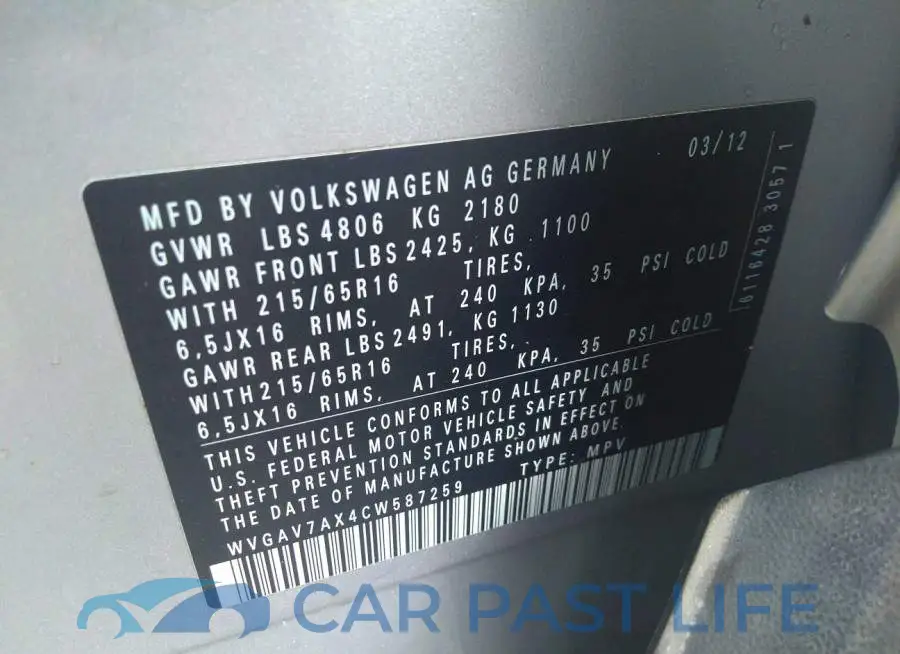 WVGAV7AX4CW587259# 9
