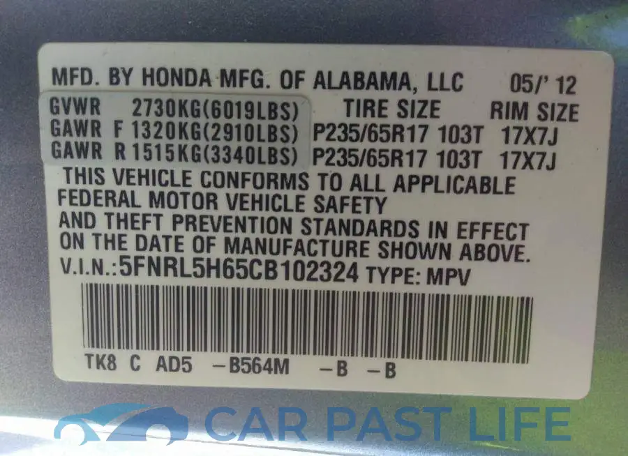 5FNRL5H65CB102324# 9