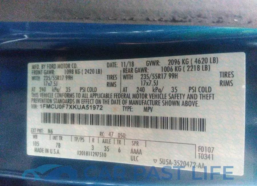 1FMCU0F7XKUA51972# 9