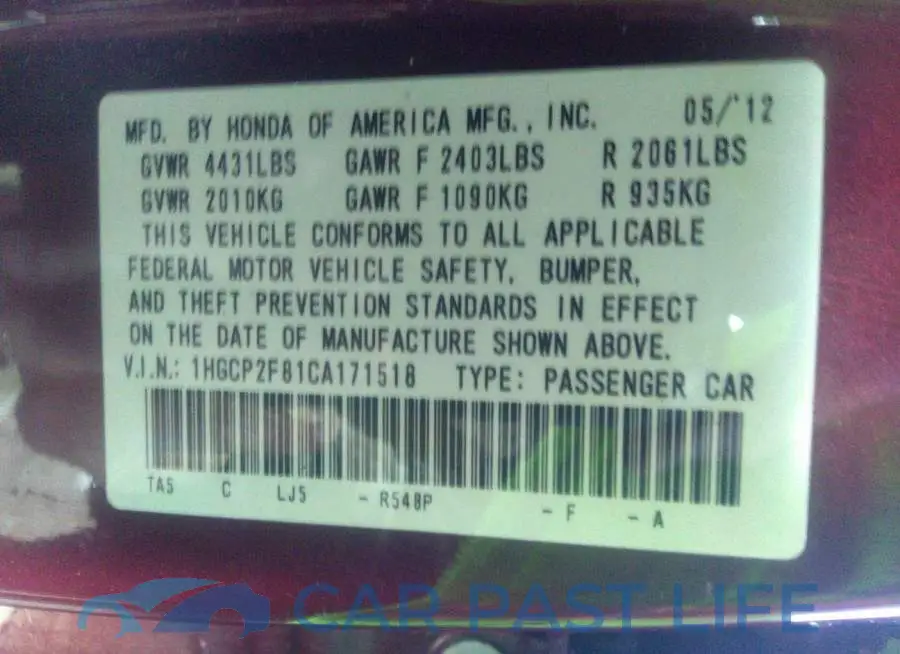 1HGCP2F81CA171518# 9