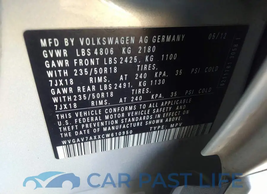 WVGAV7AXXCW610950# 9