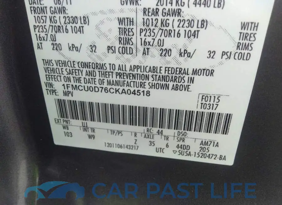 1FMCU0D76CKA04518# 9